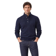 Gianni Lupo Modèle de pull en laine pour homme, bleu marine, col zippé et quatre boutons, vue de face