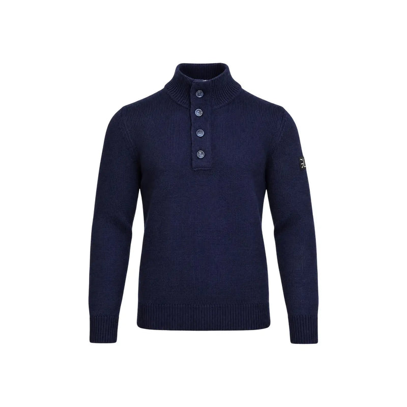 Gianni Lupo Pull en laine à demi-zip pour homme, bleu marine, maille côtelée, quatre boutons, vue de face