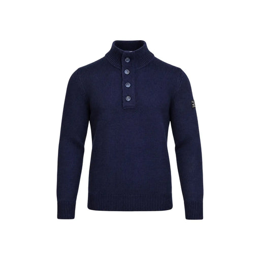 Gianni Lupo Pull en laine à demi-zip pour homme, bleu marine, maille côtelée, quatre boutons, vue de face