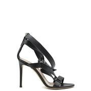Sandales à talons aiguilles Giuseppe Zanotti en cuir noir, avec talon fin et brides croisées à la cheville et fermeture éclair.