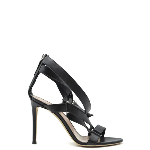 Sandales à talons aiguilles Giuseppe Zanotti en cuir noir, avec talon fin et brides croisées à la cheville et fermeture éclair.