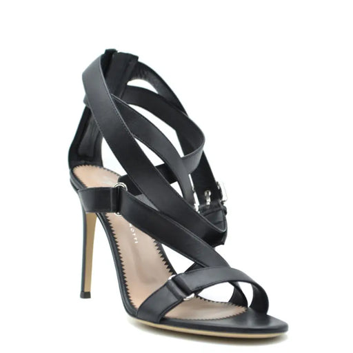 Sandales à talons aiguilles Giuseppe Zanotti en cuir noir, avec fines brides, boucles argentées et fermeture éclair.