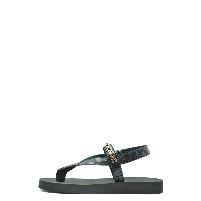 Sandales pour homme Giuseppe Zanotti en cuir noir, avec entre-doigts en cuir façon croco et fermoir en métal doré