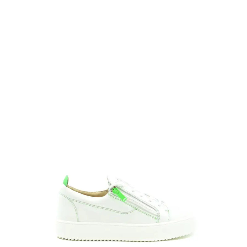 Baskets slip-on en cuir blanc avec fermeture éclair et languette au talon vert fluo, signées Giuseppe Zanotti, référence V25114