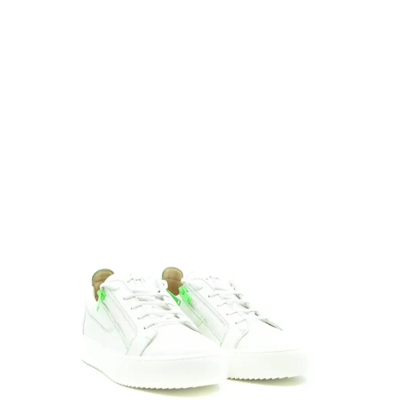Baskets montantes en cuir blanc pour homme Giuseppe Zanotti, ornées de fermetures éclair vert fluo sur le côté.