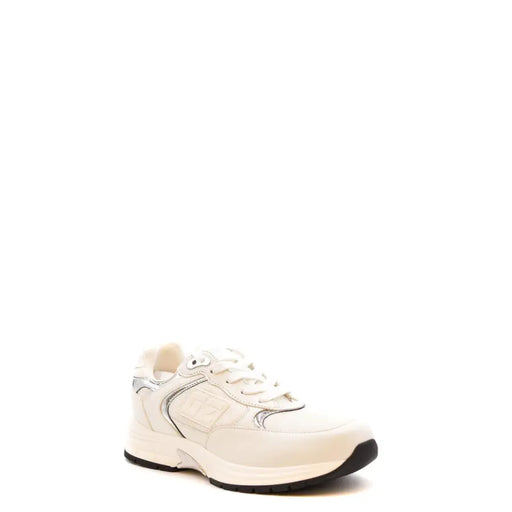 Giuseppe Zanotti cream-colored slip on sneakers with silver metallic accents and black rubber sole in leather nylon