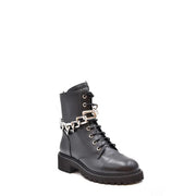Black leather ankle boot by Giuseppe Zanotti with silver chain-link detail around the ankle and side zip closure