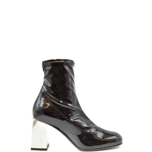 Bottines Giuseppe Zanotti pour femme en cuir noir, finition vernie élégante et talon bloc argenté audacieux, vues de dos
