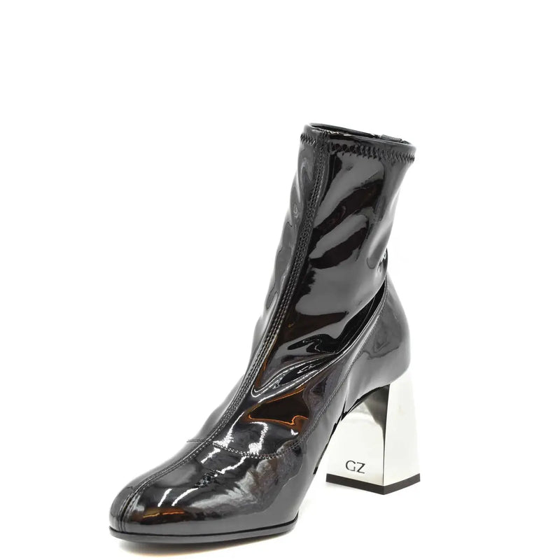 Giuseppe Zanotti women black leather ankle boot with glossy patent finish and metallic silver block heel