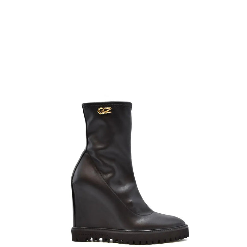 Giuseppe Zanotti women black leather wedge ankle boot with gold crocodile logo on the ankle