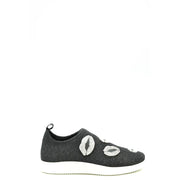 Giuseppe Zanotti women black nylon slip on sneaker with black glitter and silver kiss-shaped embellishments on side