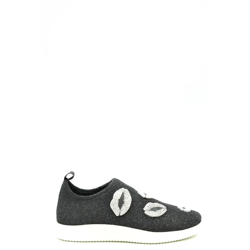 Giuseppe Zanotti women black nylon slip on sneaker with black glitter and silver kiss-shaped embellishments on side