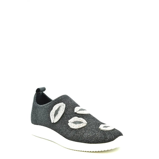 Baskets slip-on noires en nylon pour femme Giuseppe Zanotti, ornées de détails blancs en forme de baiser et finies à paillettes
