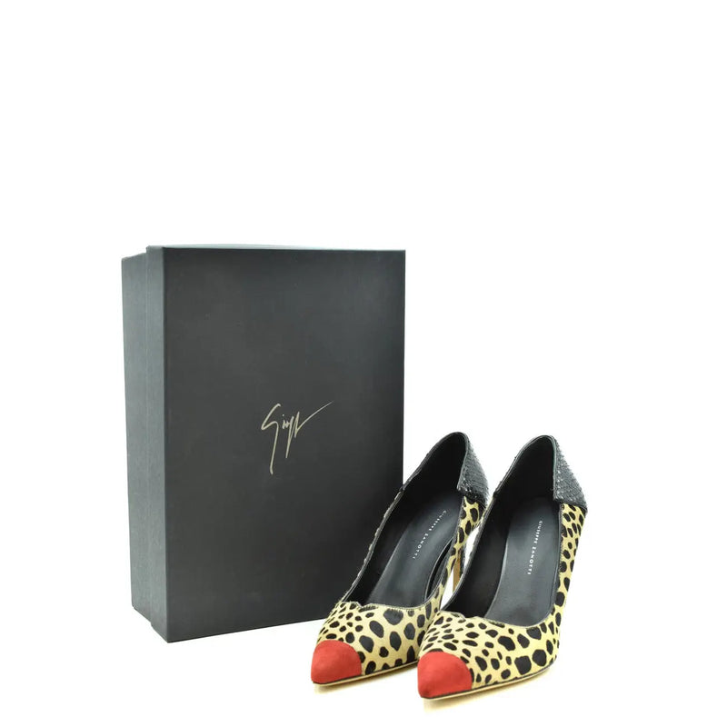 Escarpins léopard pour femme Giuseppe Zanotti en daim avec bouts rouges et détails noirs pailletés