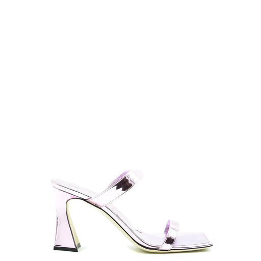 Sandales à talon bloc en cuir rose pour femme de Giuseppe Zanotti, ornées d'un élégant motif mule métallisé lavande et d'un bout carré.