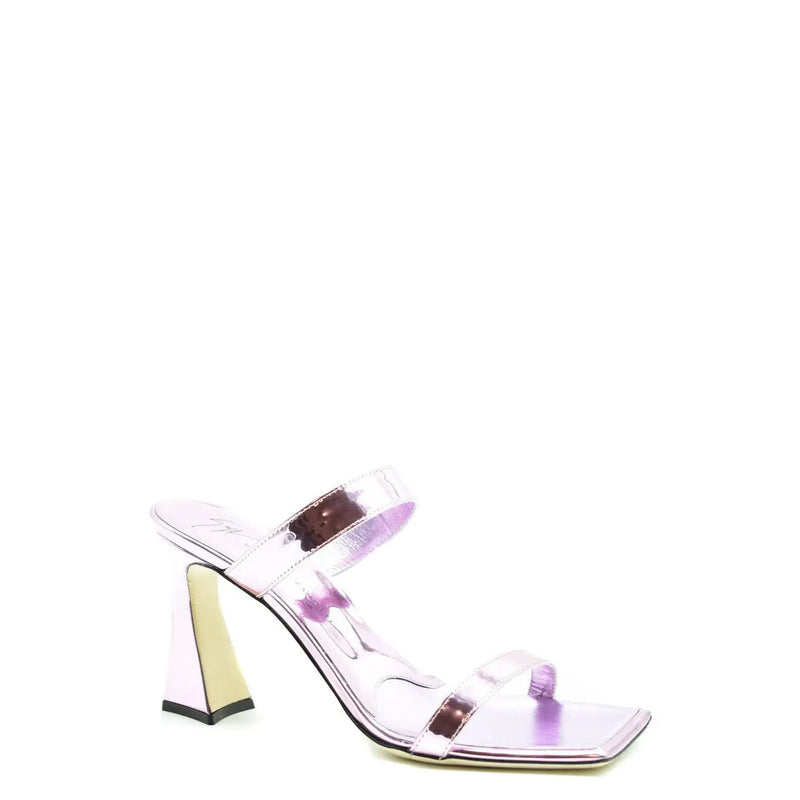 Giuseppe Zanotti women pink leather block heel sandals featuring a shimmering lavender metallic mule with geometric heel