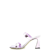 Giuseppe Zanotti women pink leather block heel sandals featuring sleek metallic lavender mule design with square toe