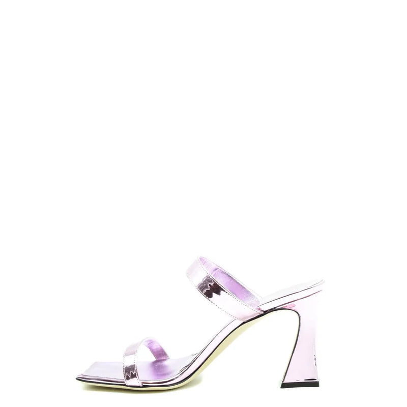 Giuseppe Zanotti women pink leather block heel sandals featuring sleek metallic lavender mule design with square toe