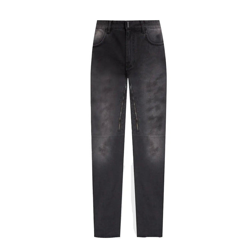 Jean Givenchy pour homme en denim noir délavé subtilement délavé et zip latéral (vue de face)