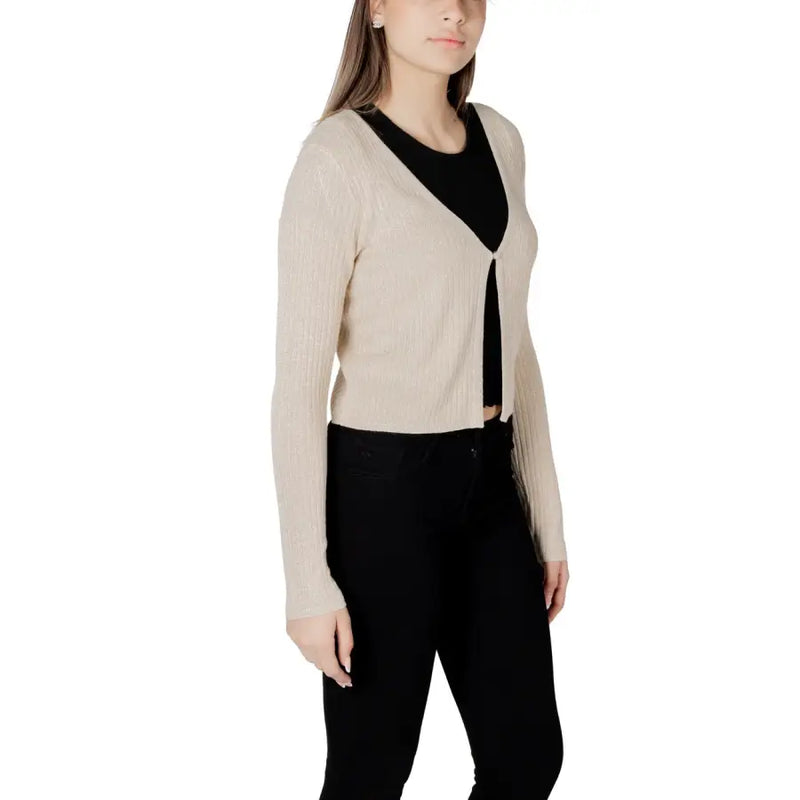 Beige ribbed knit gold lurex button front cardigan with v neckline and long sleeves for stylish layering