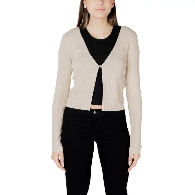 Beige ribbed knit gold lurex button front cardigan with v neckline and single button closure for stylish layering