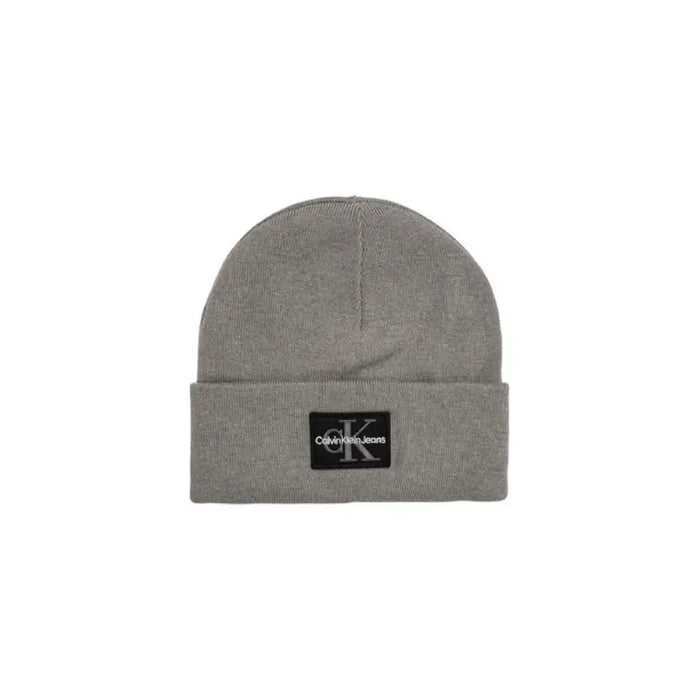 Gray Calvin Klein beanie displayed on a product named Calvin Klein Black Beanie