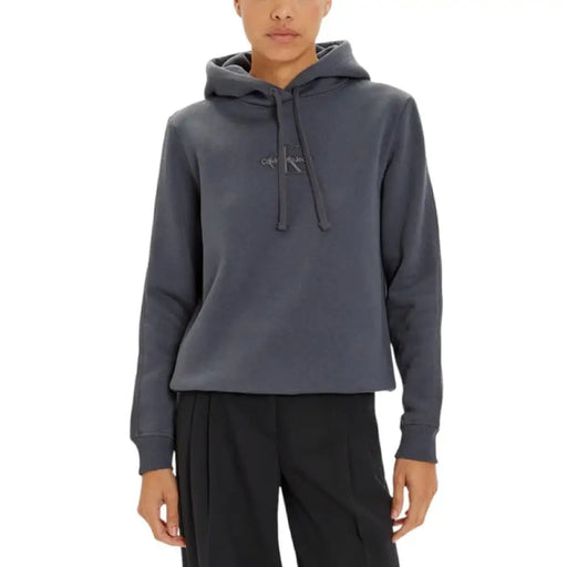 Gray Calvin Klein hooded sweatshirt displayed in a product image