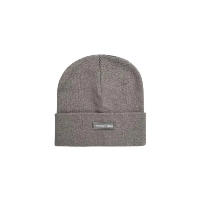 Gray Calvin Klein knit beanie featuring logo patch for stylish winter wear