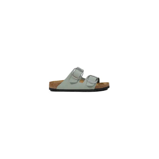 Gray double-buckle sandal displayed in the product image