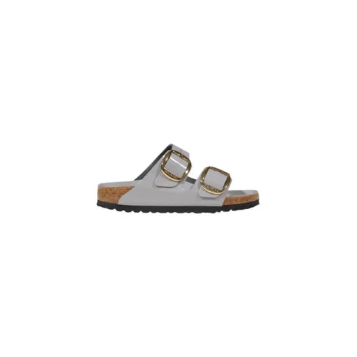 Gray double-strap sandal with gold buckles displayed in the Gray Double Strap Sandal With Gold Buckles product image