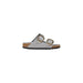 Gray double-strap sandal with gold buckles displayed in the Gray Double Strap Sandal With Gold Buckles product image