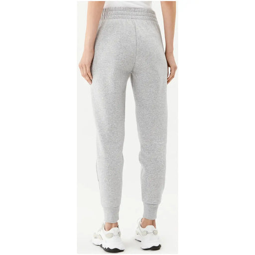 Gray drawstring sweatpants in heathered fabric with elastic waistband and ribbed cuffs for comfortable wear