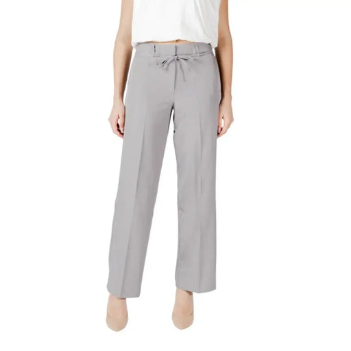 Gray drawstring-waist trousers designed for comfort and style in casual wear