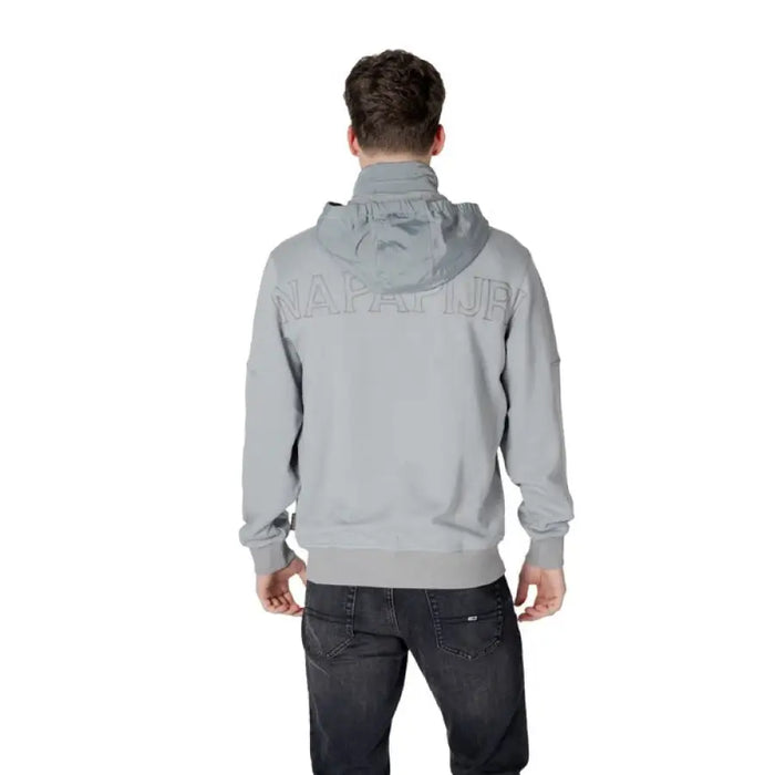 Gray hooded jacket featured in Napapijri Men Grey Cotton Sweatshirt with Hood and Zip