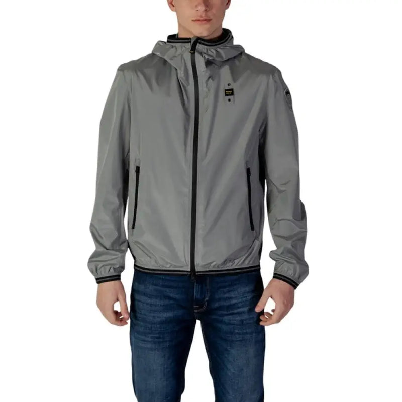 Gray hooded jacket featured in White Hooded Jacket with Black Trim product display