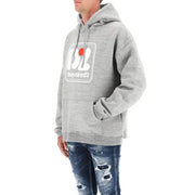 Gray heathered hooded sweatshirt featuring a white and red logo on the chest for casual wear