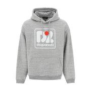 Gray hooded sweatshirt made of heathered fabric featuring a white rectangular Dsquared2 logo with a red circular accent