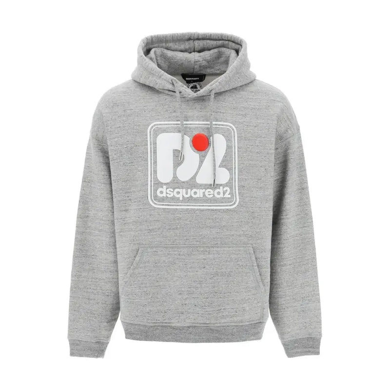 Gray hooded sweatshirt made of heathered fabric featuring a white rectangular Dsquared2 logo with a red circular accent