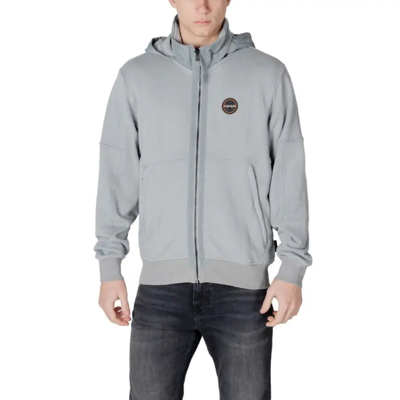 Gray hooded zip-up sweatshirt from Napapijri for men in cotton material