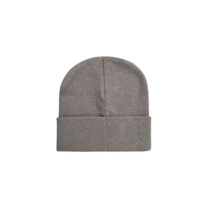 Gray knit beanie with Calvin Klein logo patch for stylish winter wear