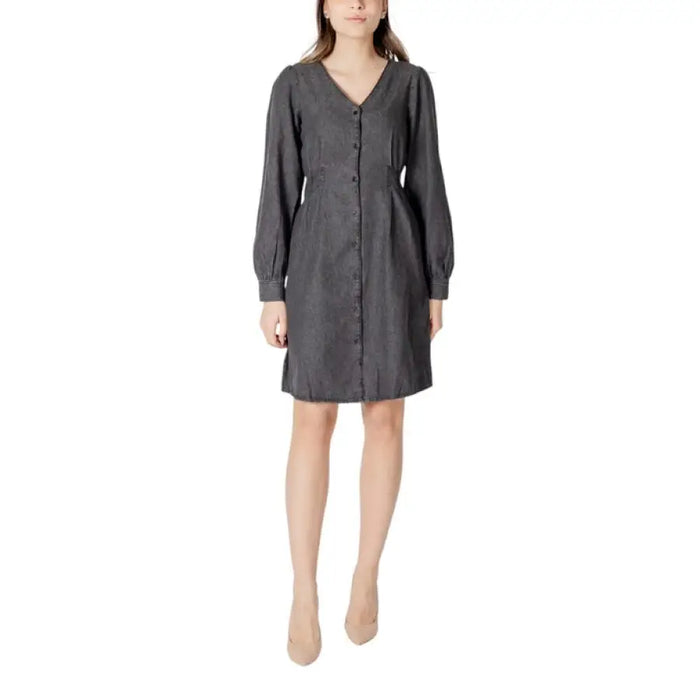 Gray long-sleeved button-down dress displayed in Blue Long Sleeve Denim Dress product image