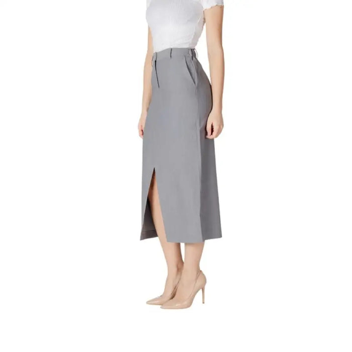 Gray midi skirt with front slit for elegant and stylish womens fashion attire