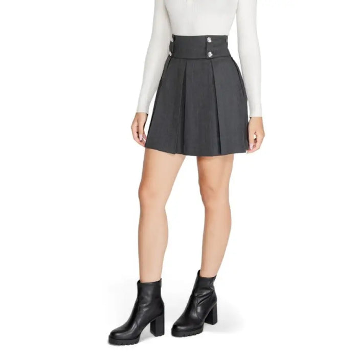 Gray pleated high waist mini skirt displayed for stylish women’s fashion