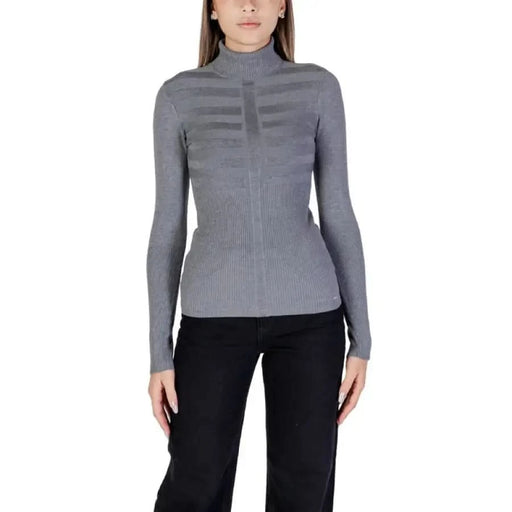 Gray ribbed turtleneck sweater by Morgan De Toi for women’s fashion elegance