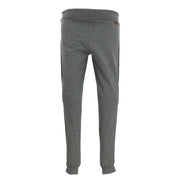 Gray heathered jogger pants with black side stripes and a small brown brand tag on the waistband