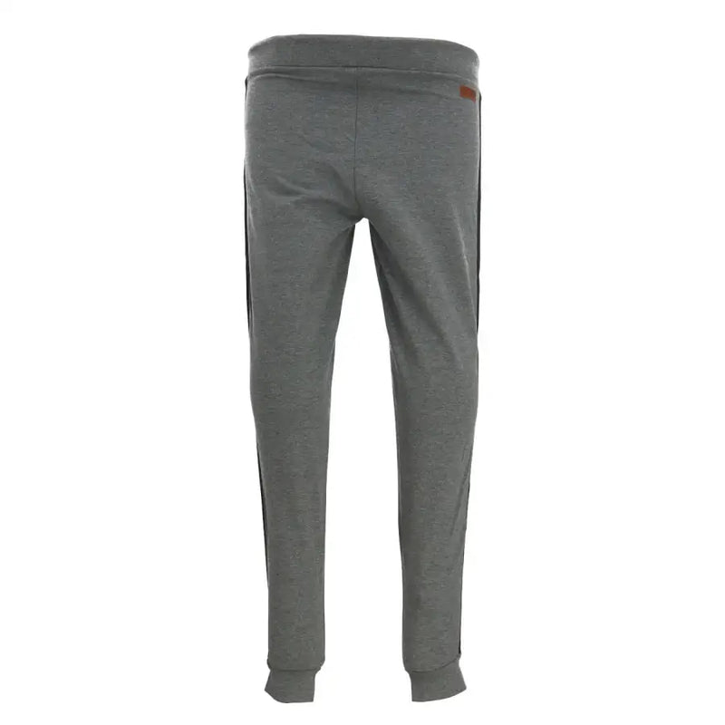 Gray heathered jogger pants with black side stripes and a small brown brand tag on the waistband