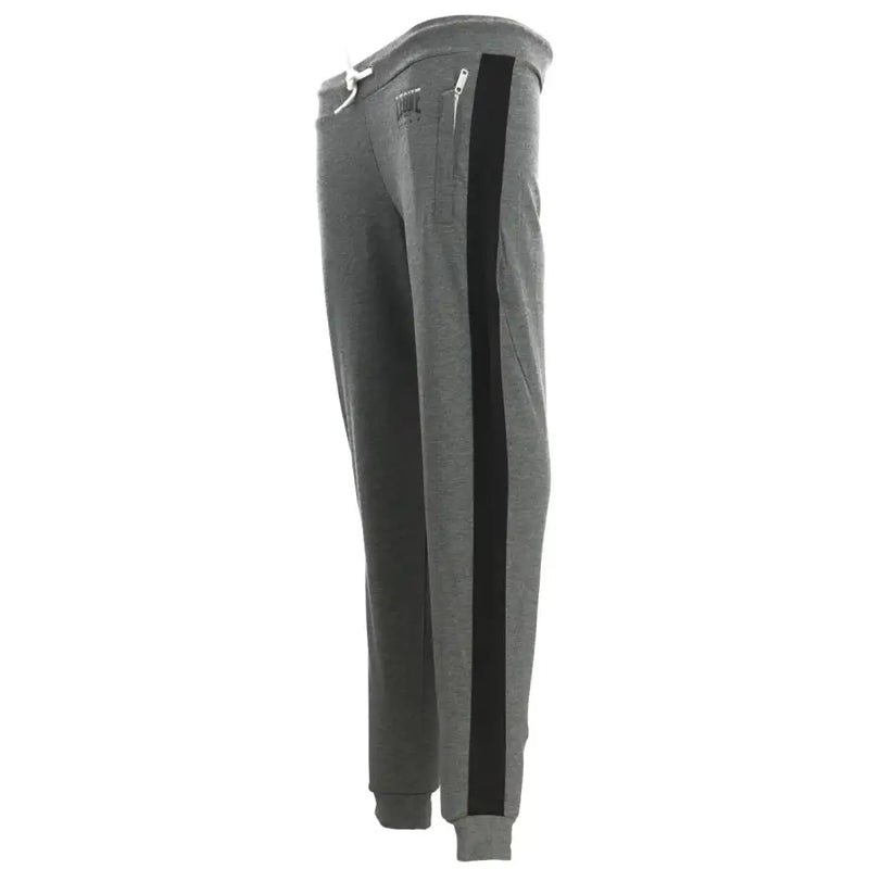 Gray heathered sweatpants with a black vertical side stripe and white drawstring waist for casual wear