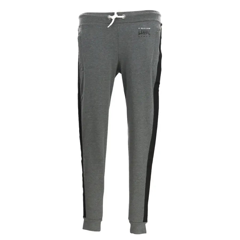 Gray heathered sweatpants with black side stripes and a white drawstring made of soft jogger material