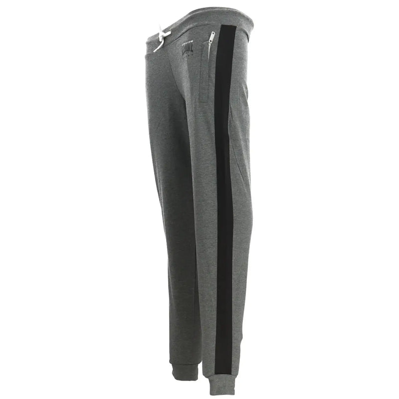 Gray heathered sweatpants with a black vertical side stripe and white drawstring waist for casual wear