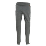Gray heathered jogger pants with black side stripes and a small brown brand tag on the waistband